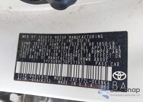 2016 Toyota Corolla Le z USA, uszkodzony, nr VIN 5YFBURHE3GP511655